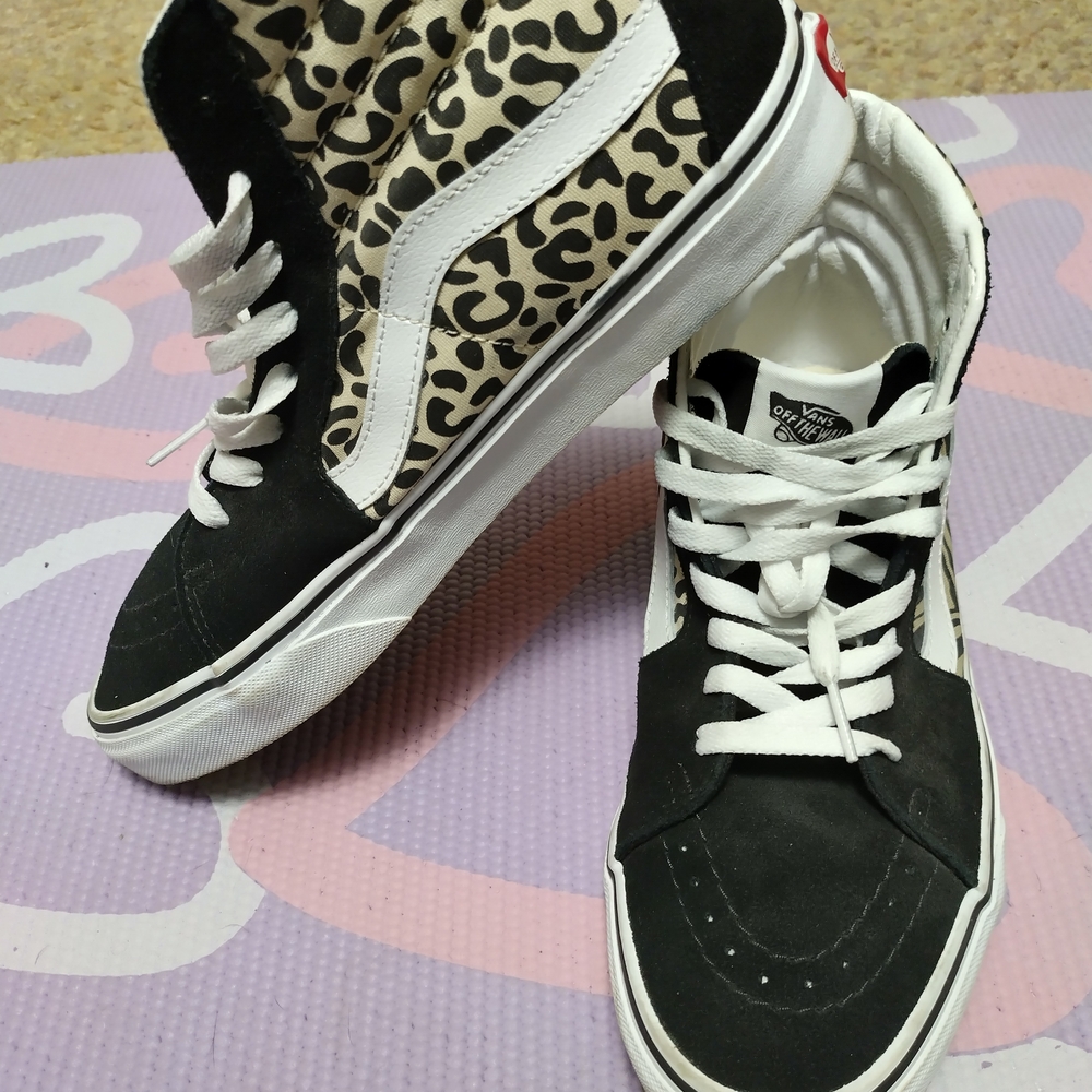 Vans Black and White Leopard High-Top Sneakers Women's Size 10